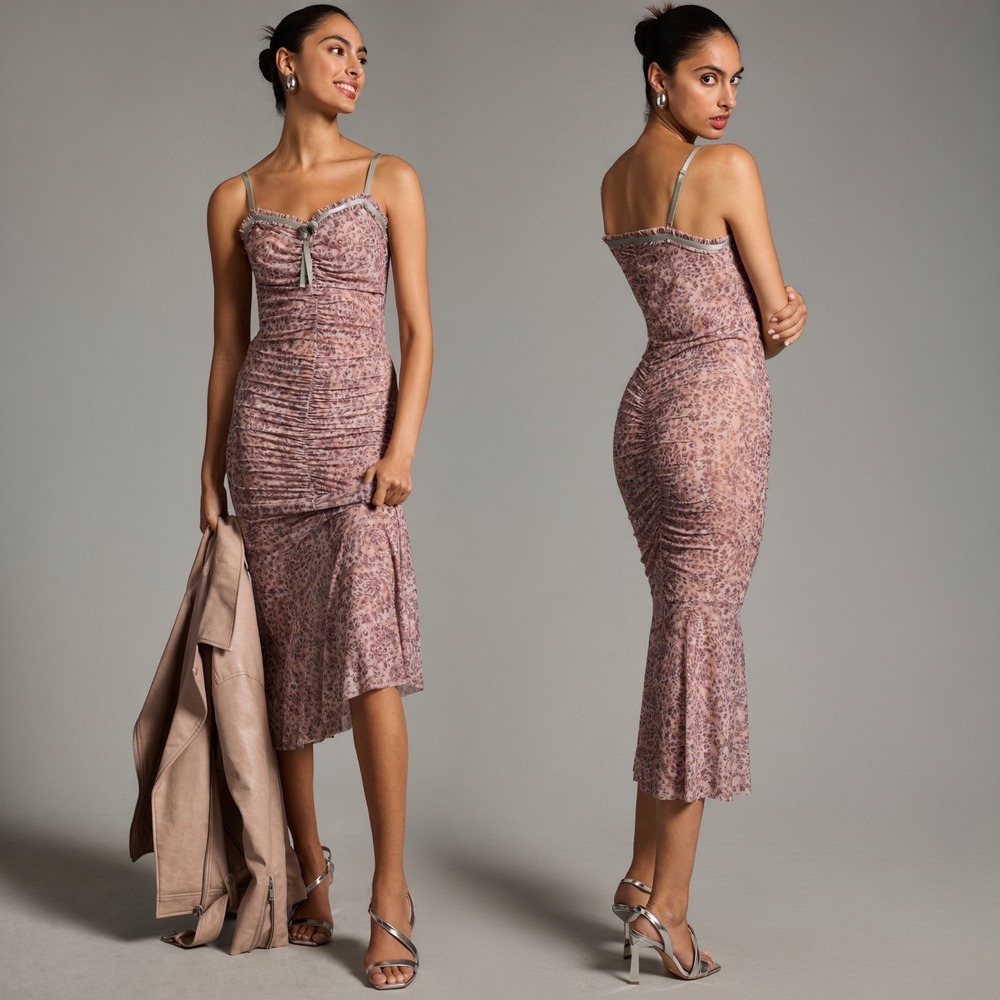 Anthropologie Sheer Mesh Ruched Midi Dress Pink Leopard Print M NEW Bodycon